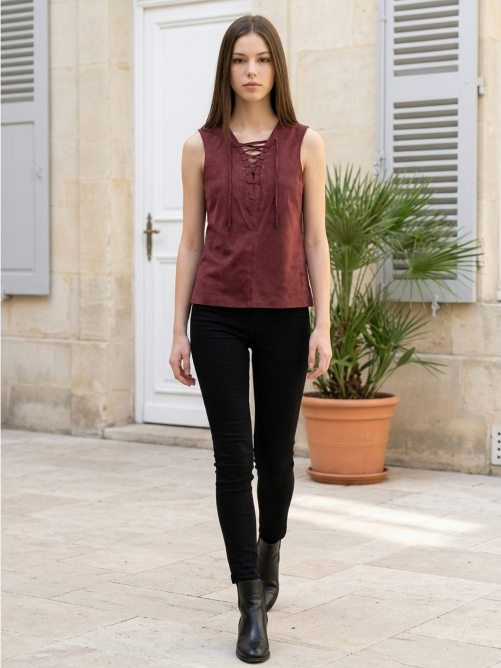 LAMARQUE Burgundy Suede Lace-Up Sleeveless Top Boho Chic Tank